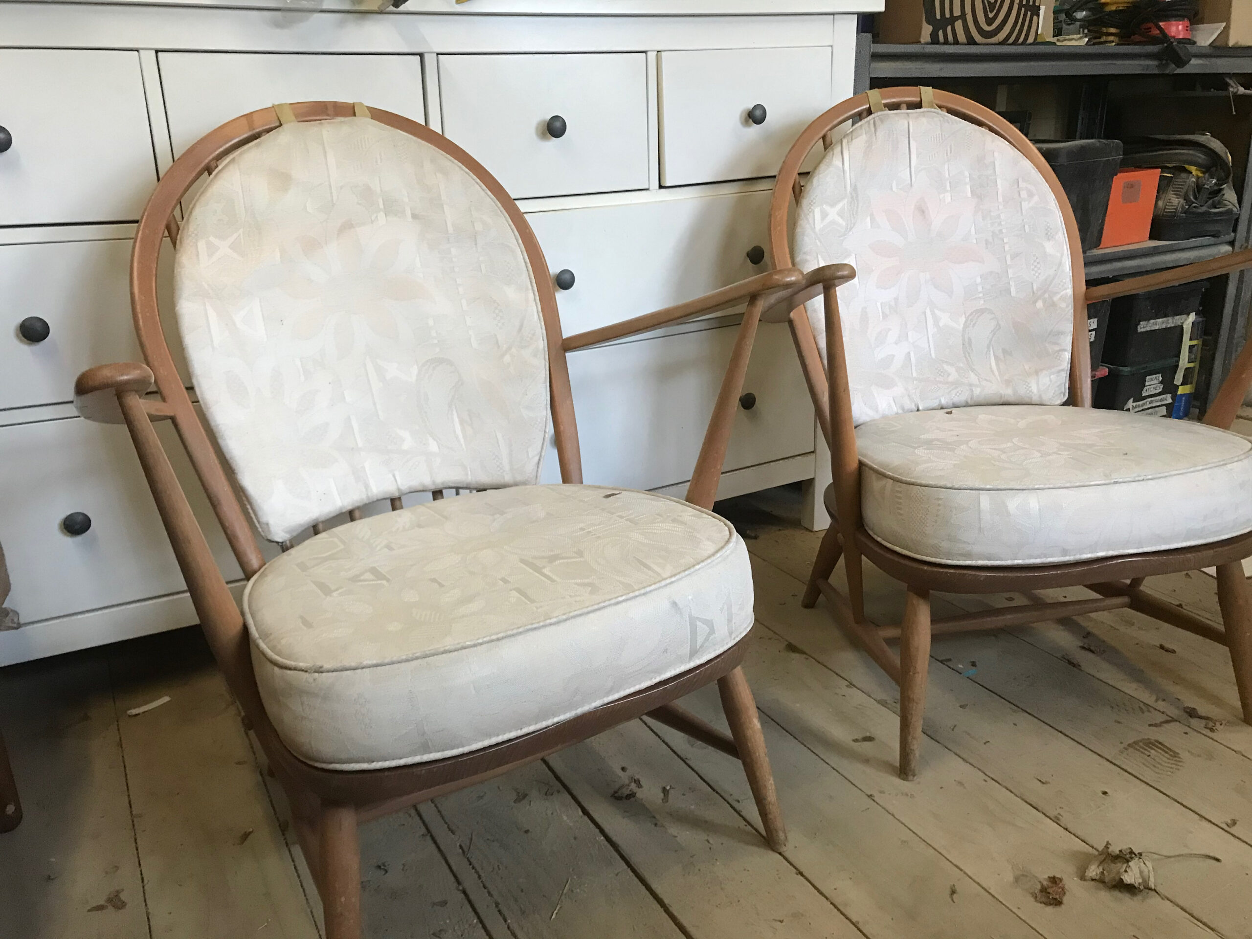 Mid Century Ercol 305 Chairs before refurb