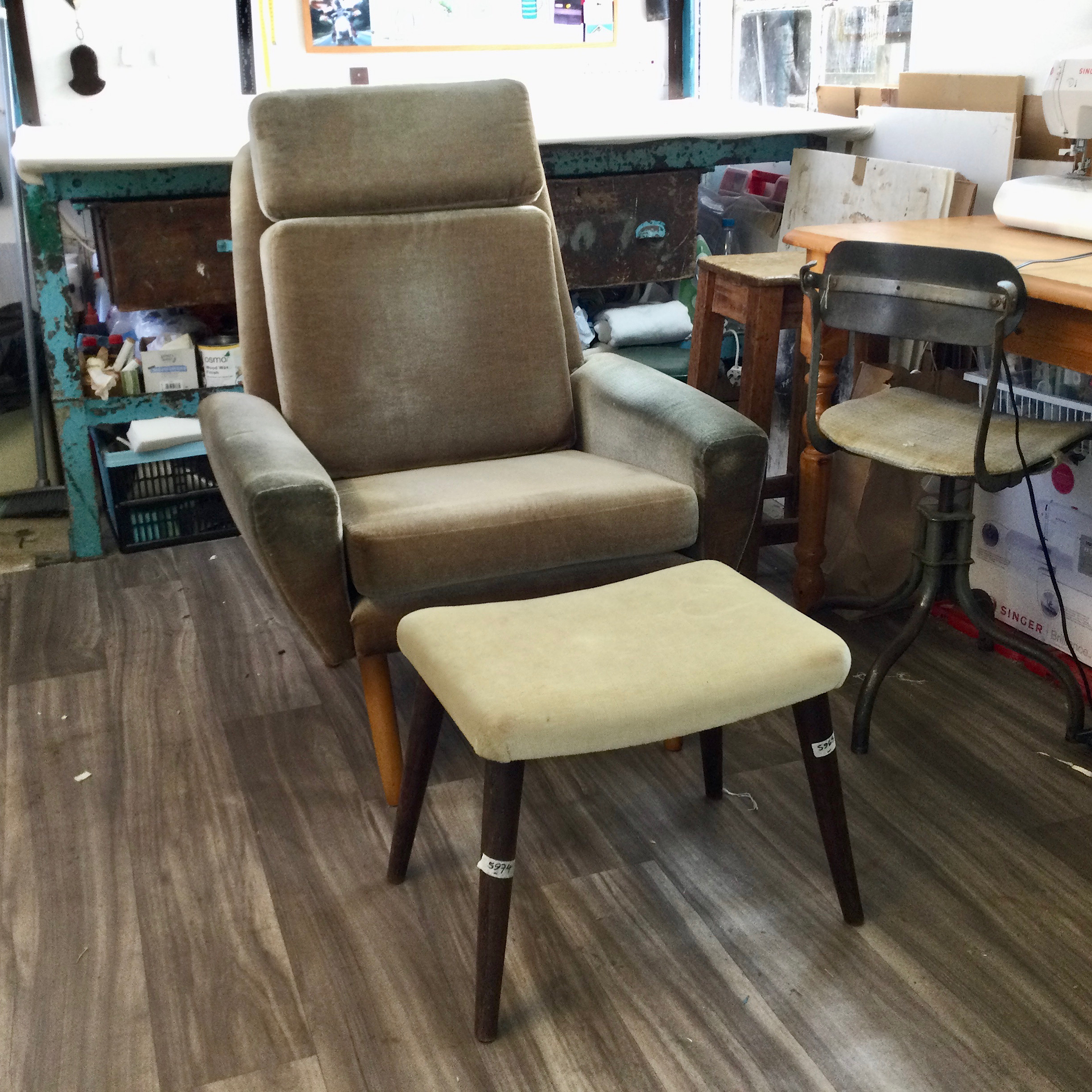 Mid Century Danish Chair and Footstool before refurb