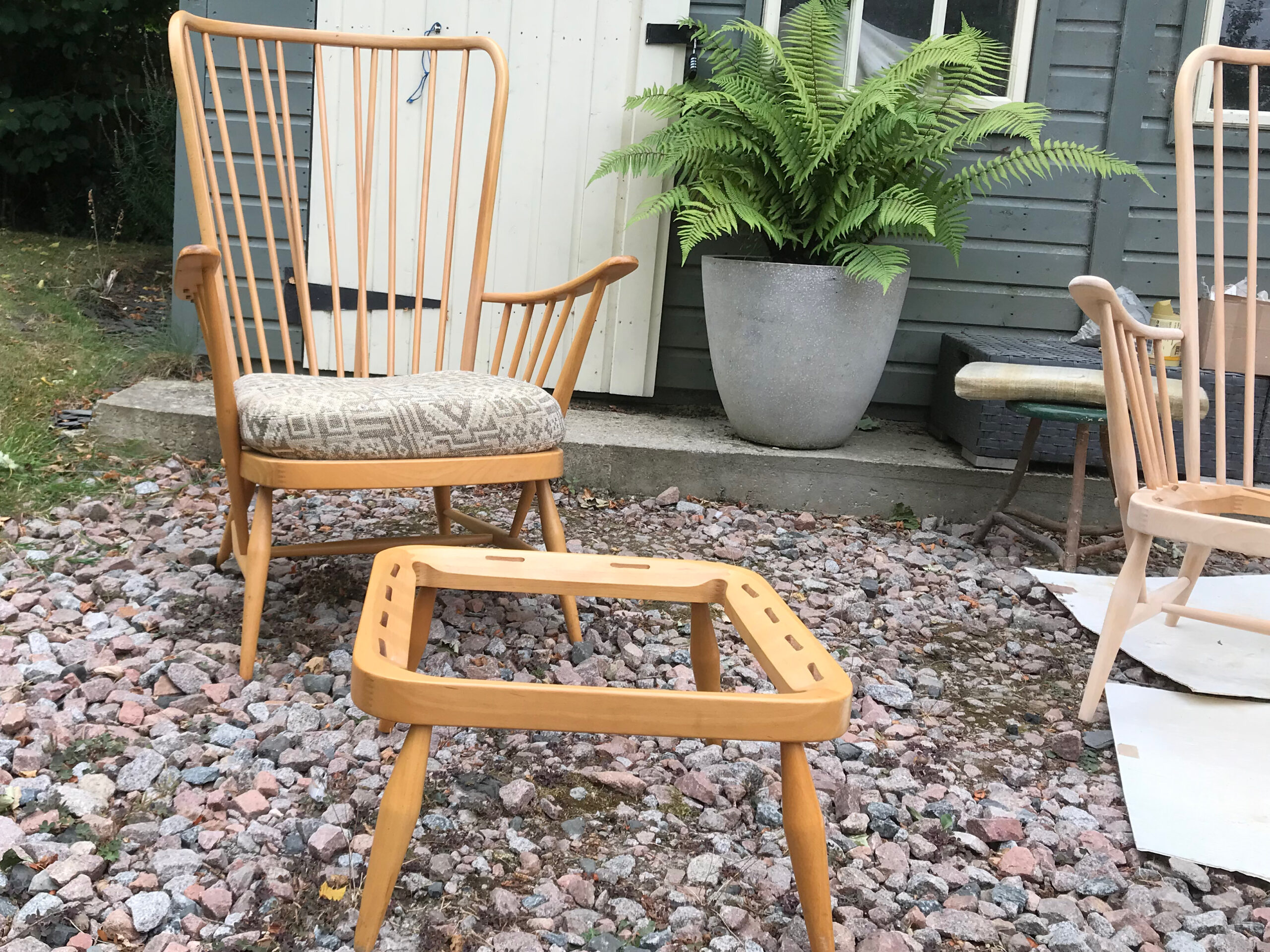 Ercol Evergreen Chairs and Footstool before refurb