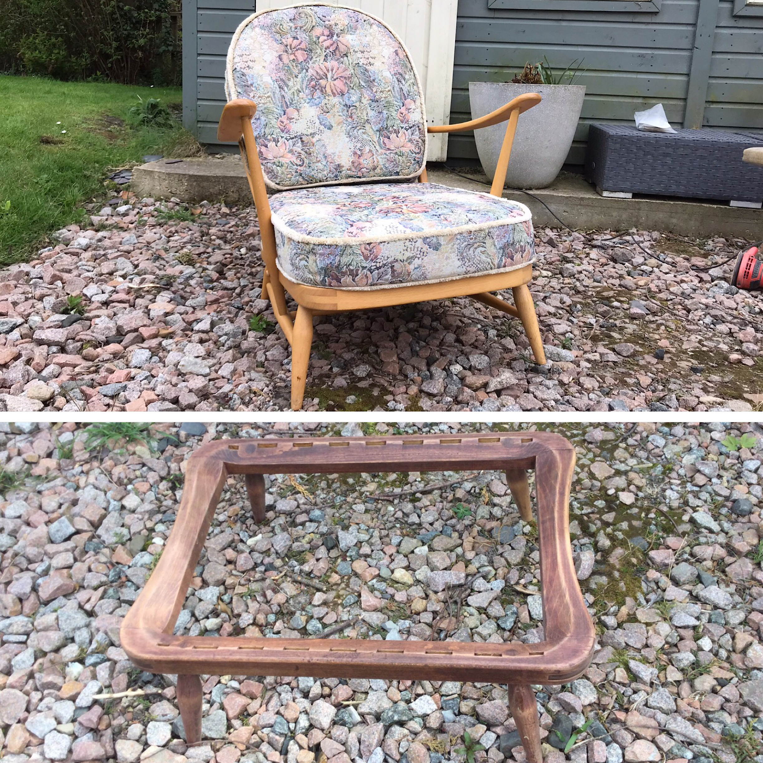 Mid Century Ercol Chair and Footstool before refurb