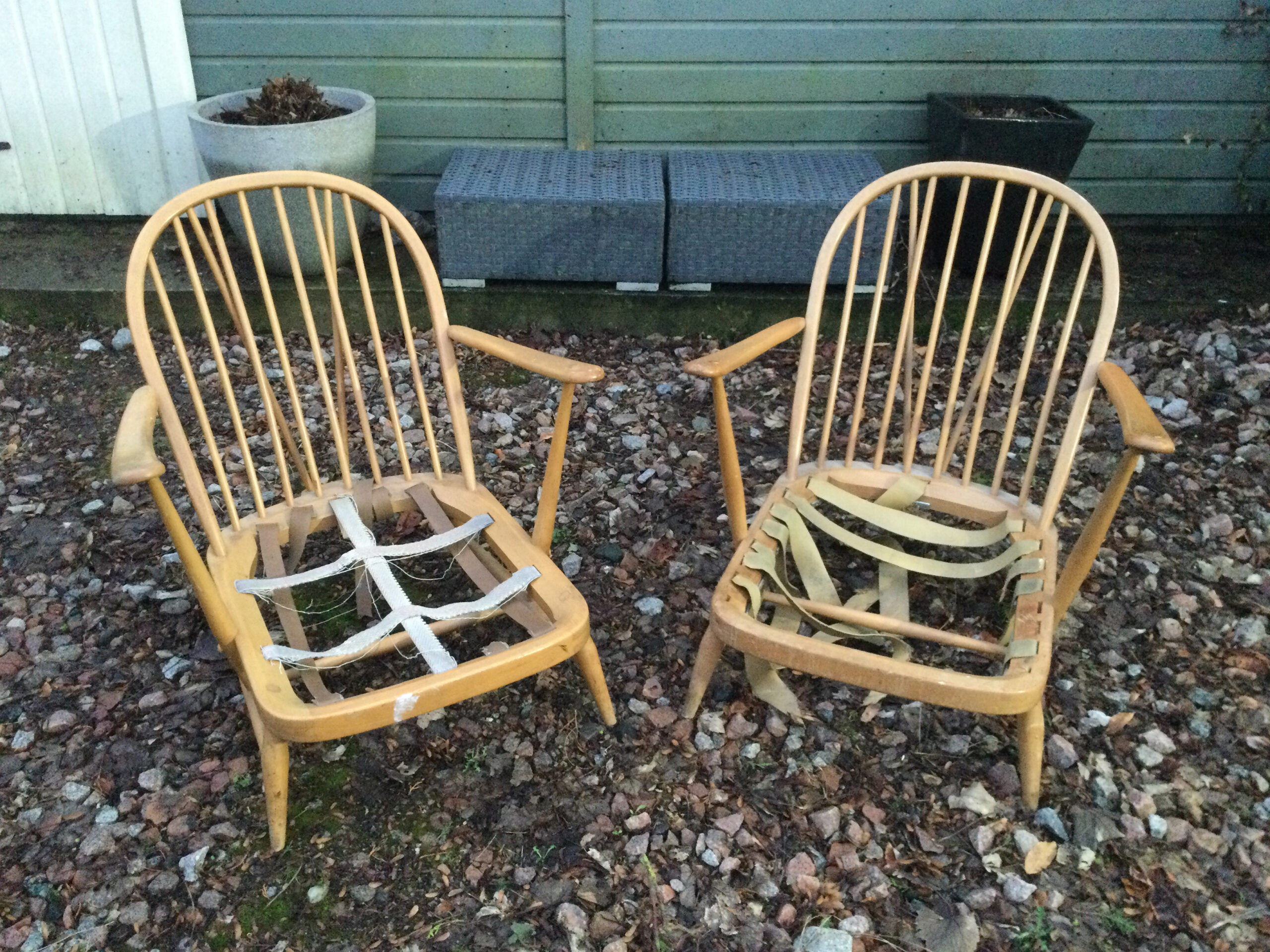 Mid Century Ercol 203 Chairs before refurb