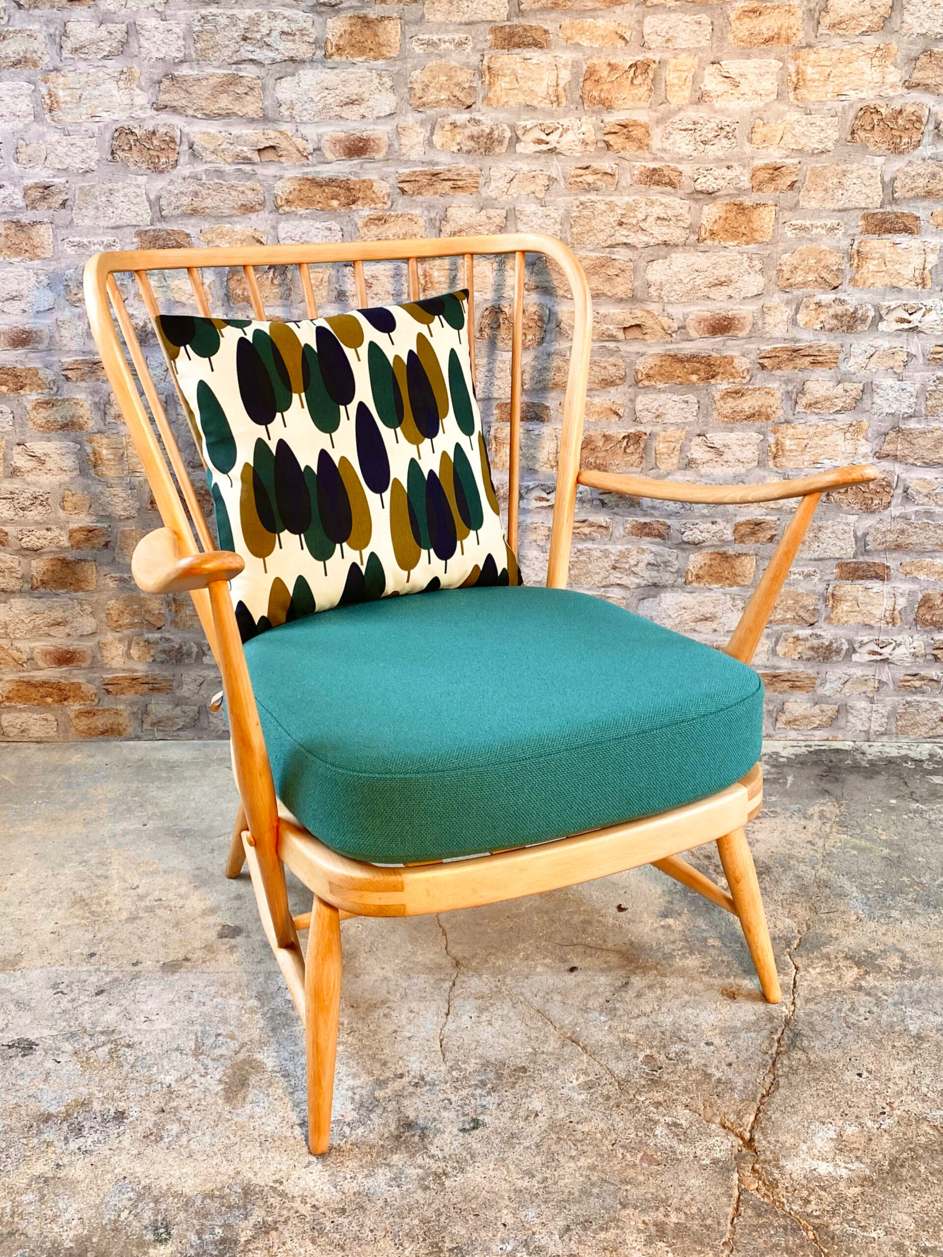 Mid Century Ercol 477 Chair in Teal with Orla Kiely Cushion