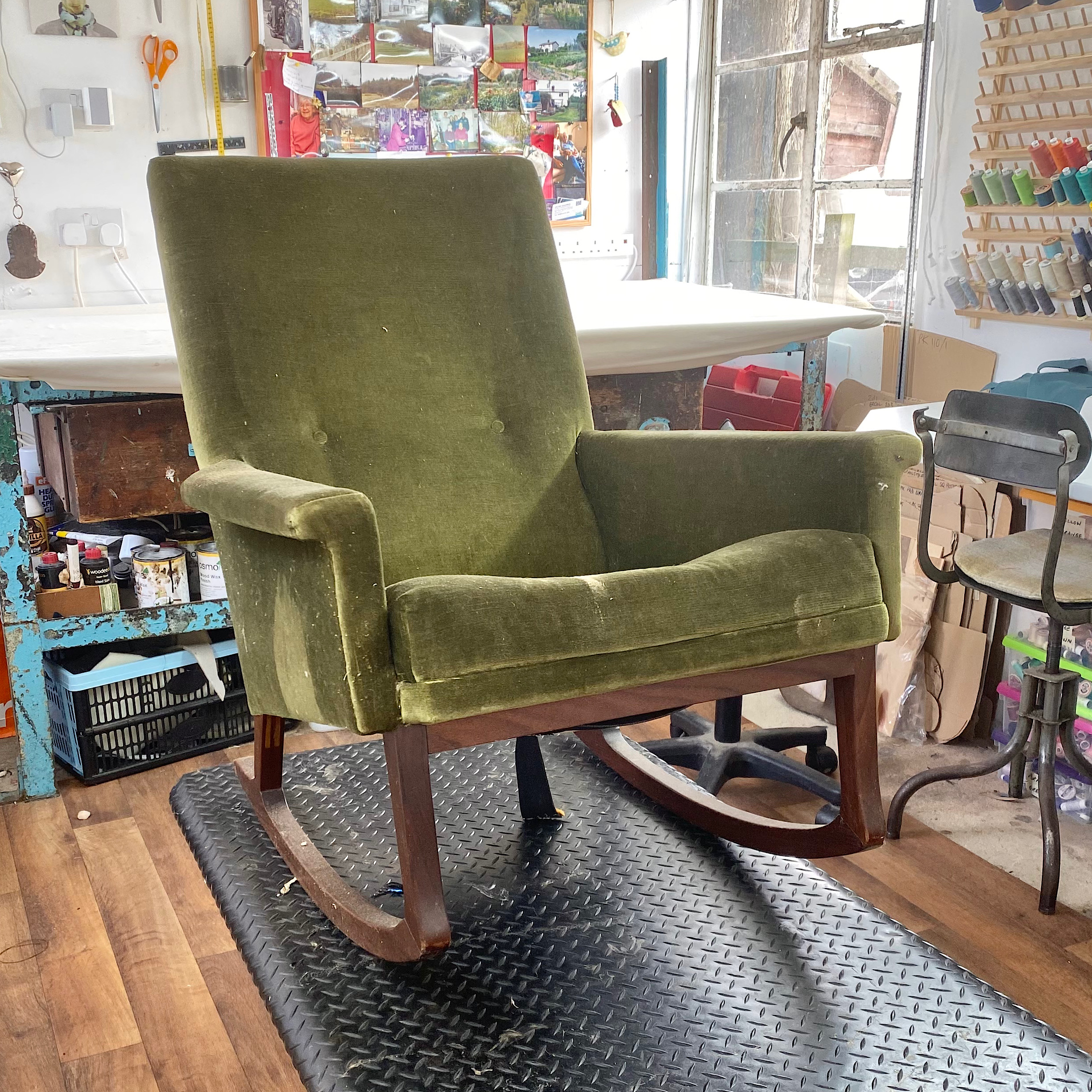 Afromosia Mid Century Rocking Chair before refurb